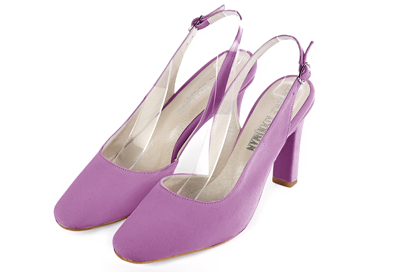 Mauve purple women's slingback shoes. Round toe. High kitten heels. Front view - Florence KOOIJMAN